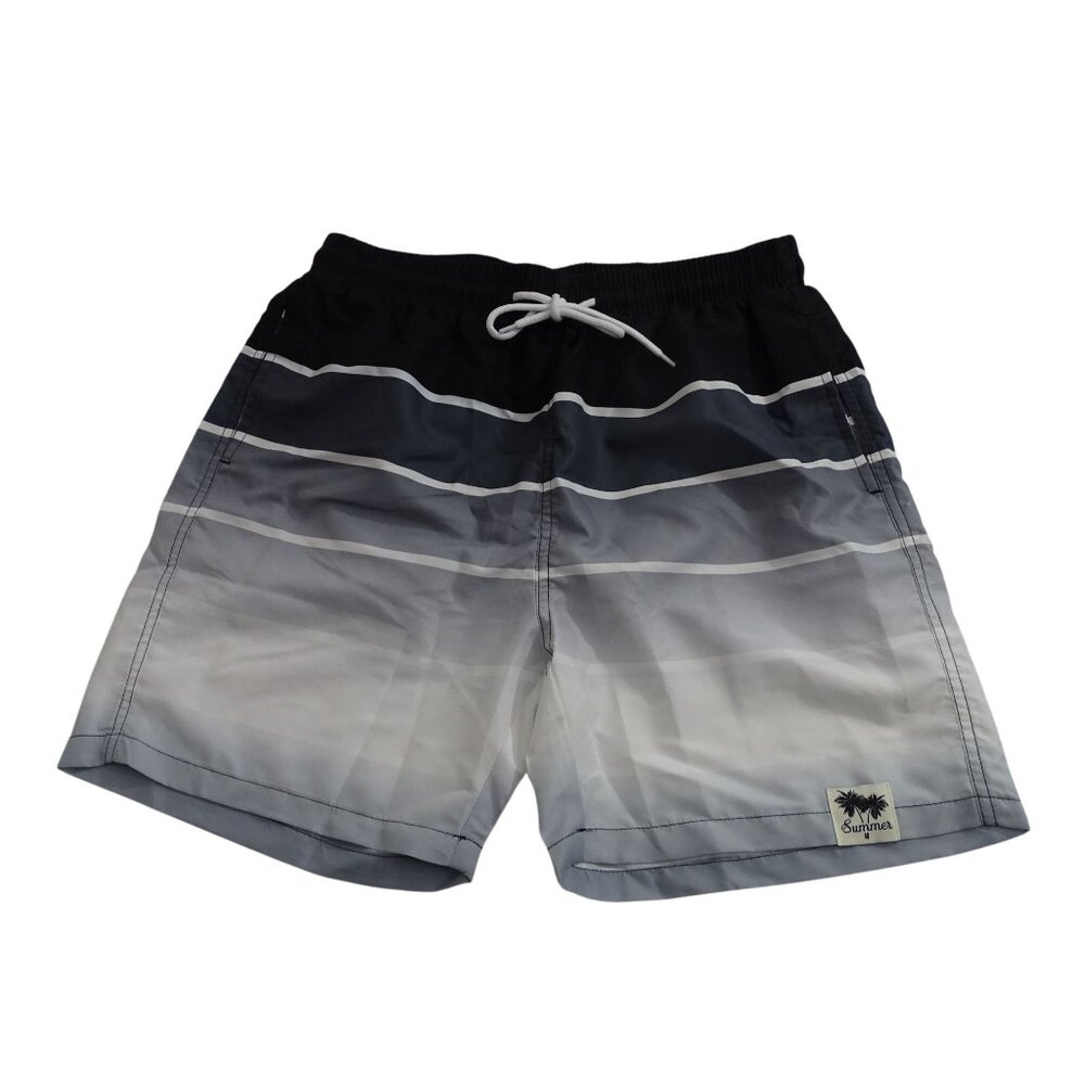 Shein Black Gray Stripe Swim Trunks Men Size M Mesh Lining Pockets